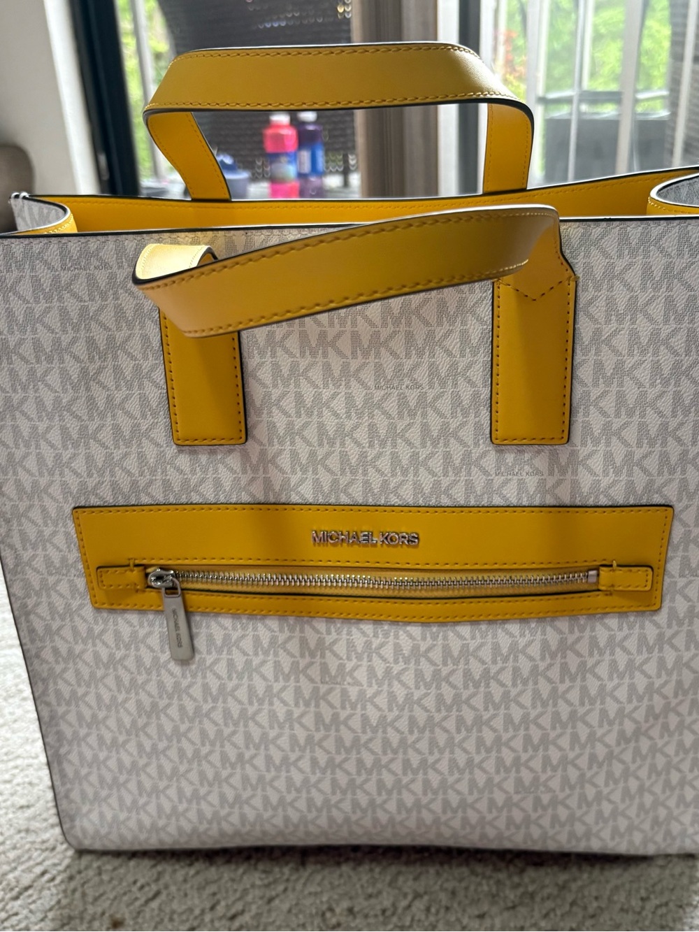 Michael Kors White MK Logo Tote with Yellow Trim